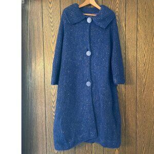 1950s Brilliant Blue Knit Coat Large Round Buttons, Pocket &Blue Satin Size:L